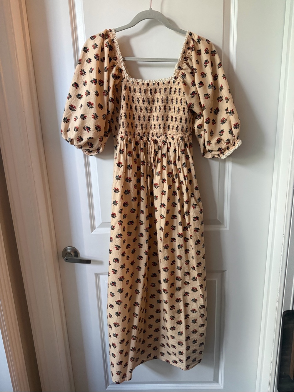 Christy Dawn Katrina Beige Floral Smocked Midi Dress with Puff Sleeves